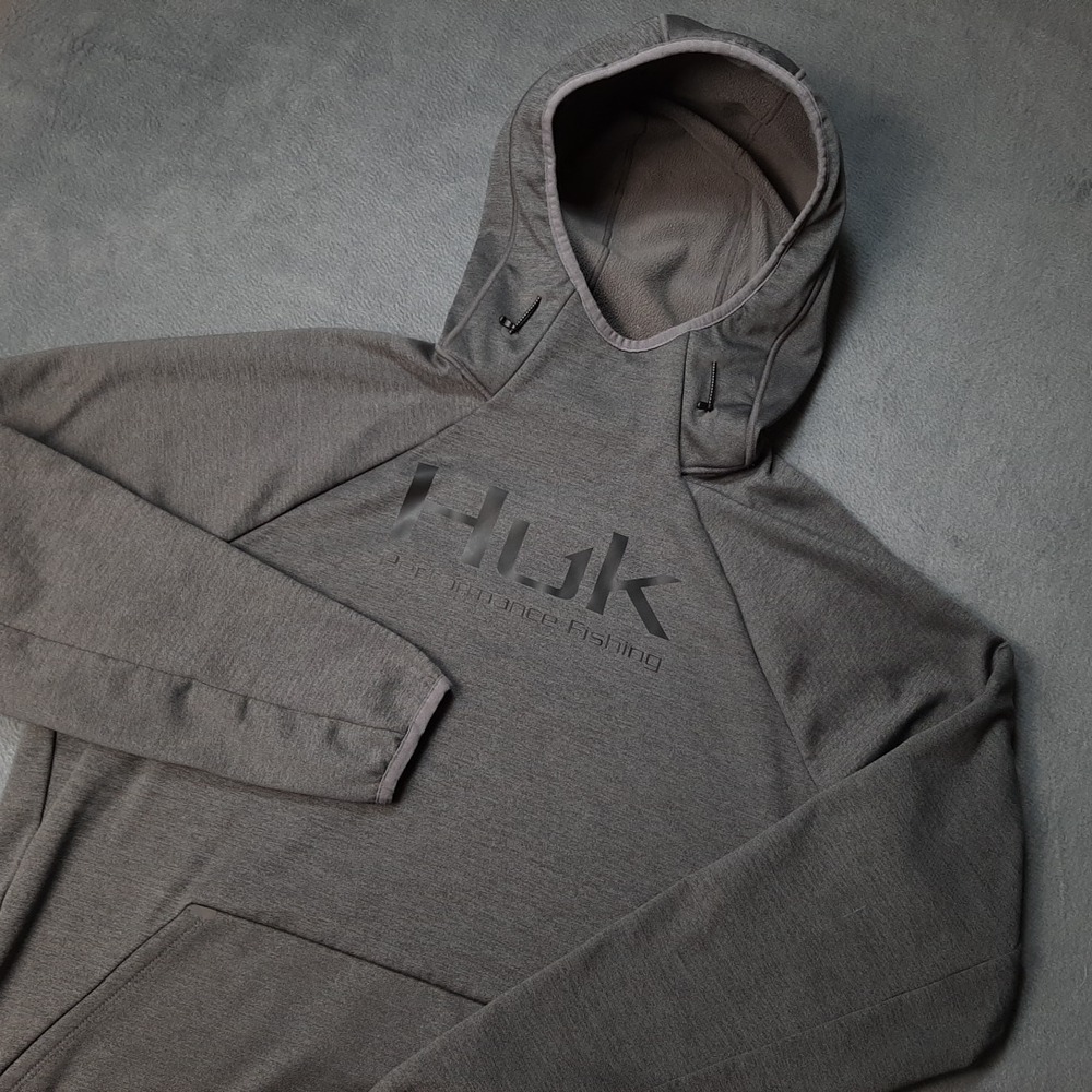 Huk Hoodie Mens Medium Gray Performance Fishing Hooded Pullover Adjustable